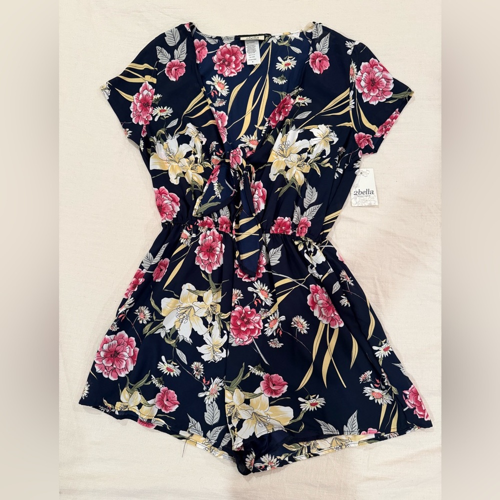 Floral V-Neck Romper - Navy and Pink
